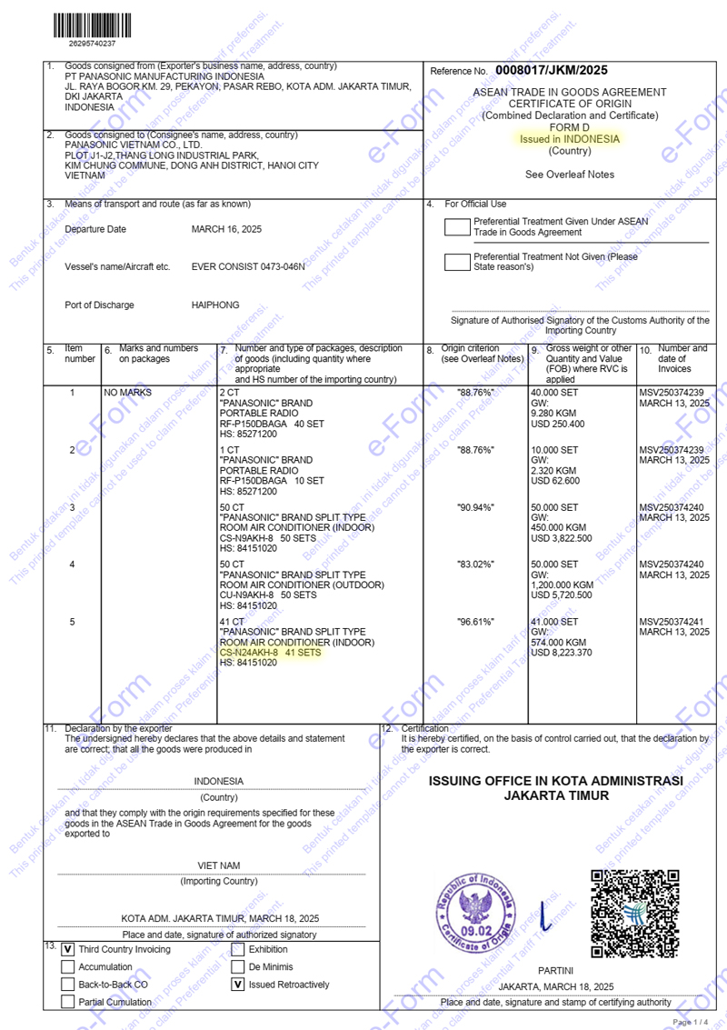 Chứng nhận xuất xứ điều hòa Panasonic N24AKH-8