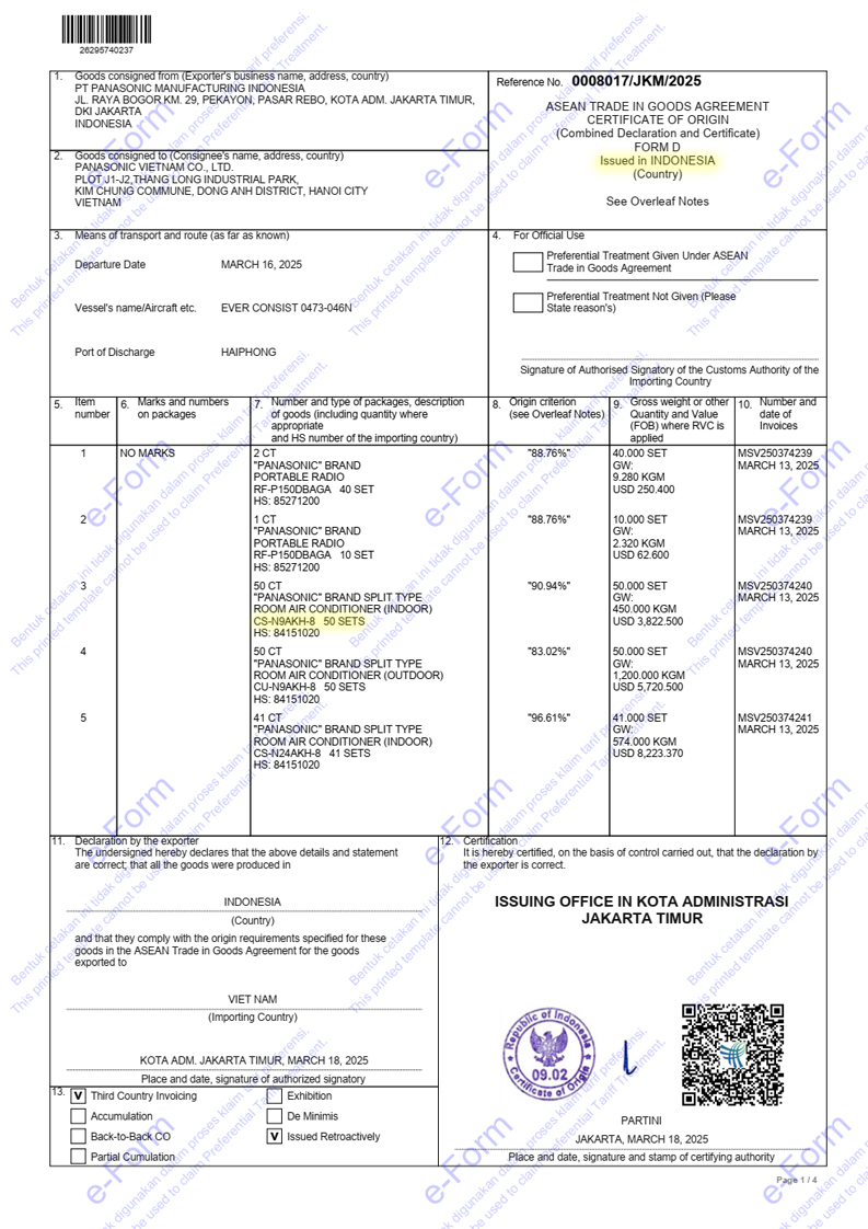 Chứng nhận xuất xứ Điều hòa Panasonic N9AKH-8