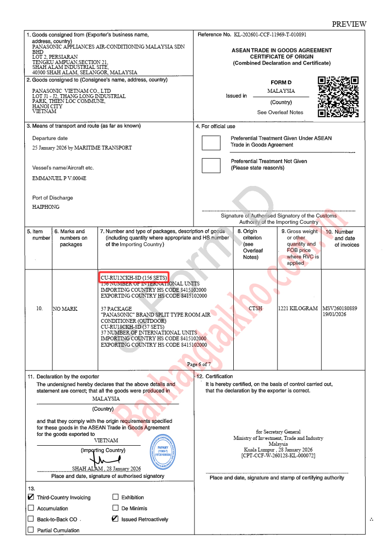 Chứng nhận xuất xứ điều hòa Panasonic RU12CKH-8D
