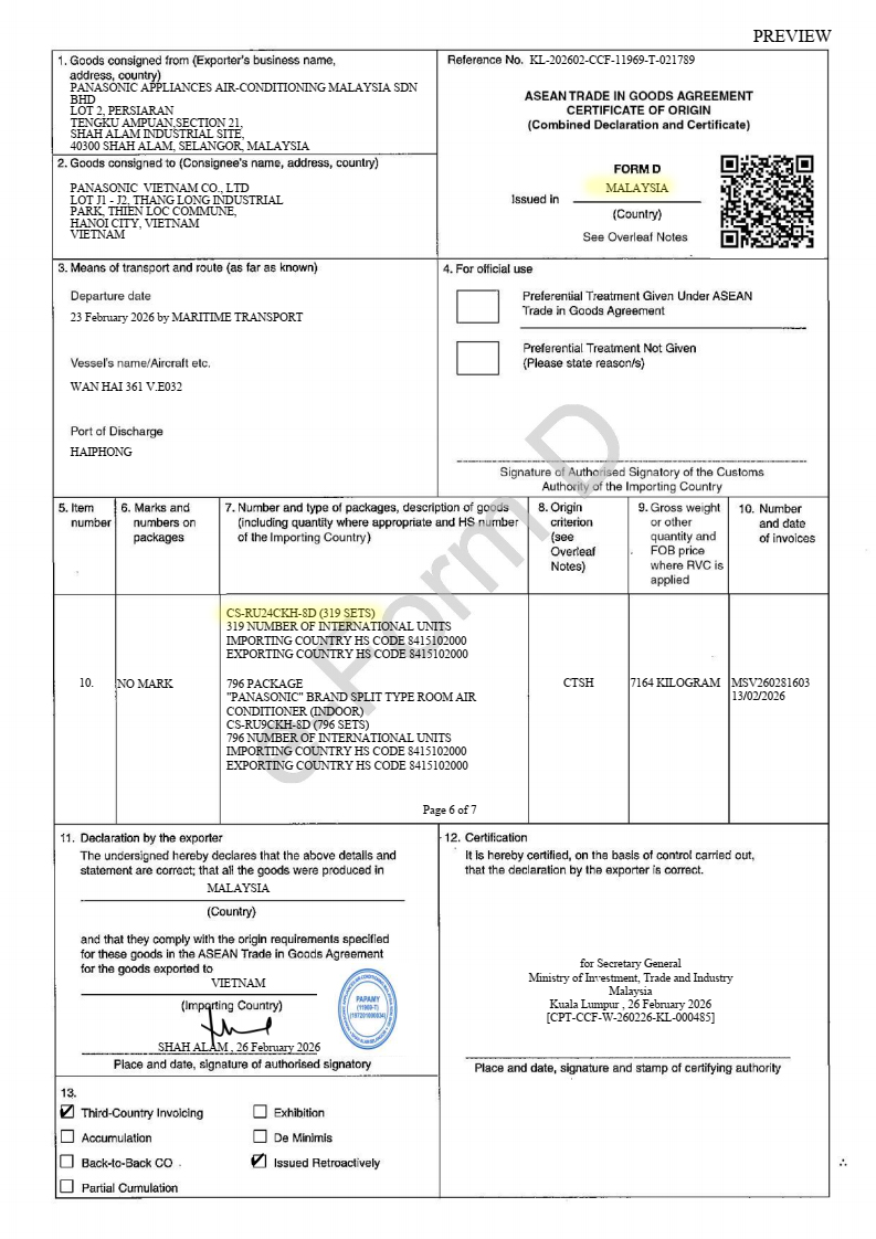 Chứng nhận xuất xứ điều hòa Panasonic RU24CKH-8D