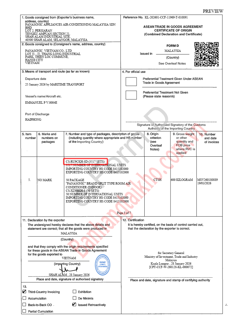 Chứng nhận xuất xứ điều hòa Panasonic RU9CKH-8D