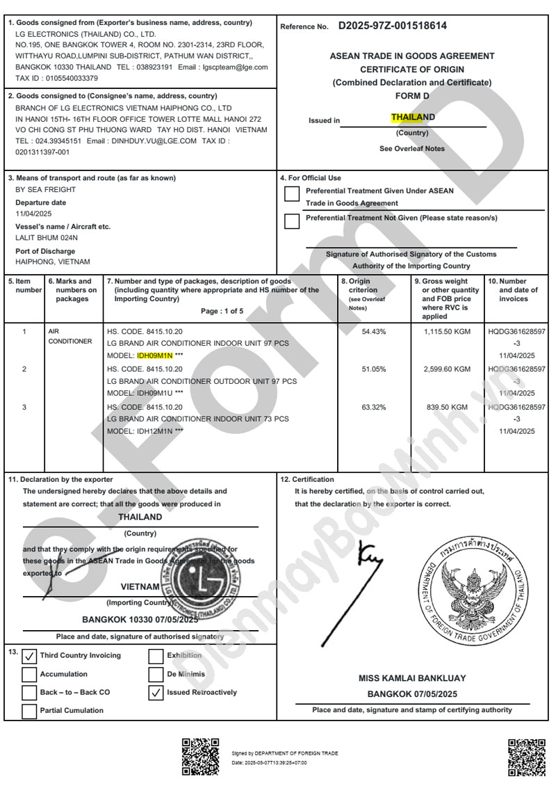 Chứng nhận xuất xứ điều hòa LG IDH09M1 chính hãng