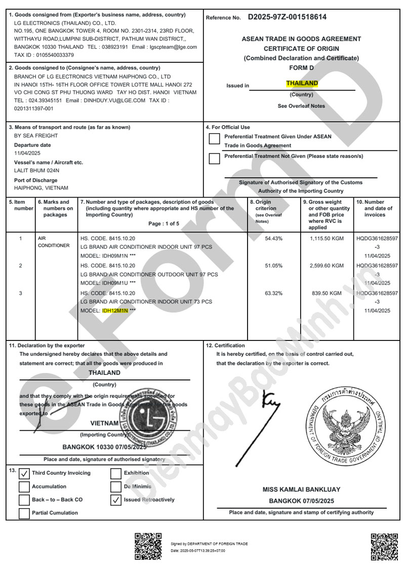 Chứng nhận xuất xứ CO điều hòa LG 2 chiều IDH12M1