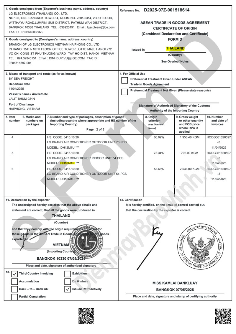 Xuất xứ CO điều hòa LG IDH18M1
