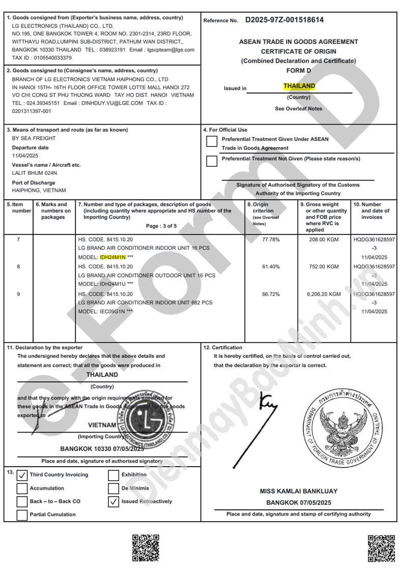 Xuất xứ CO điều hòa LG IDH24M1