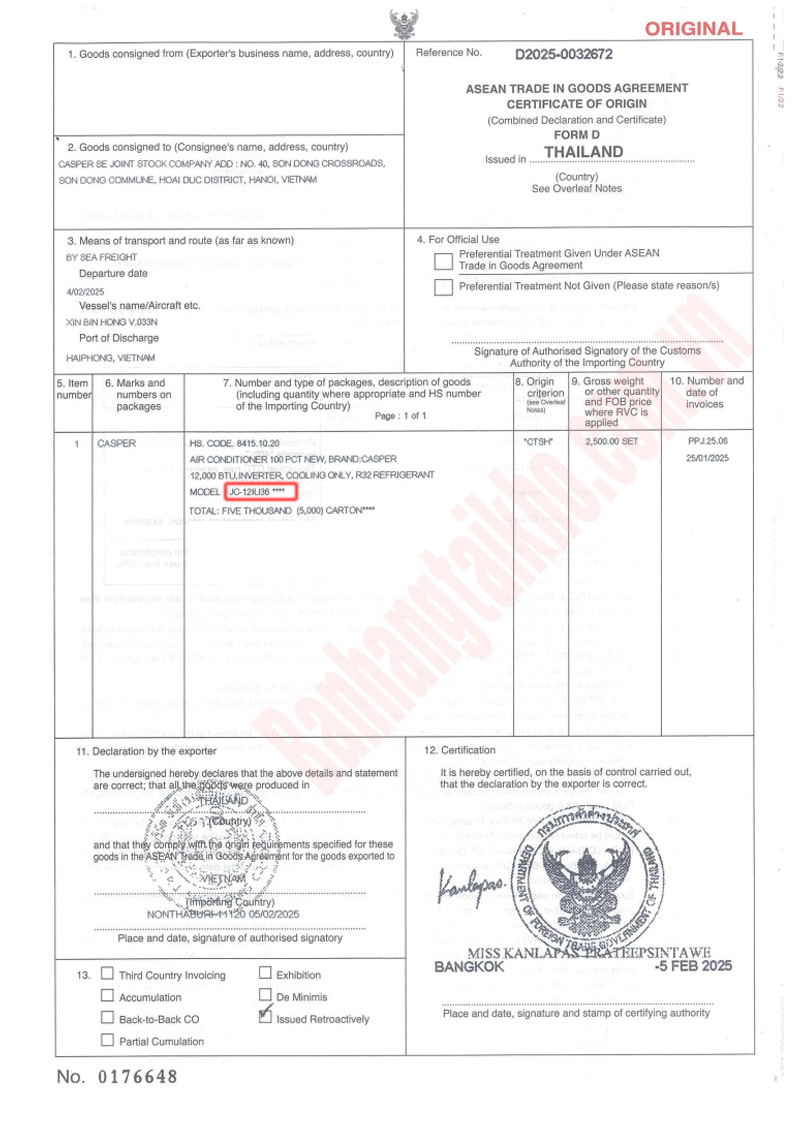 Chứng nhận xuất xứ điều hòa Casper JC-12IU36