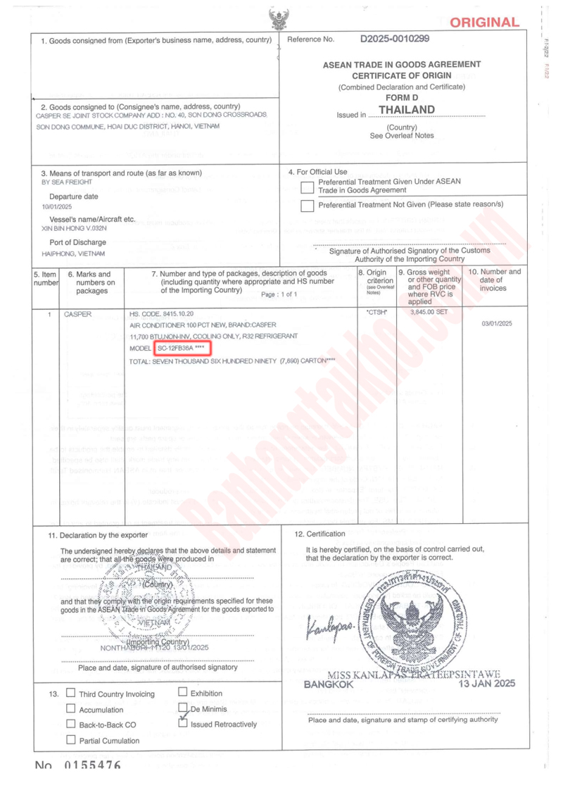 Chứng nhận xuất xứ điều hòa Casper SC-FB36A