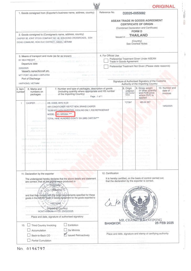 Chứng nhận xuất xứ điều hòa Casper SC-18FB36A