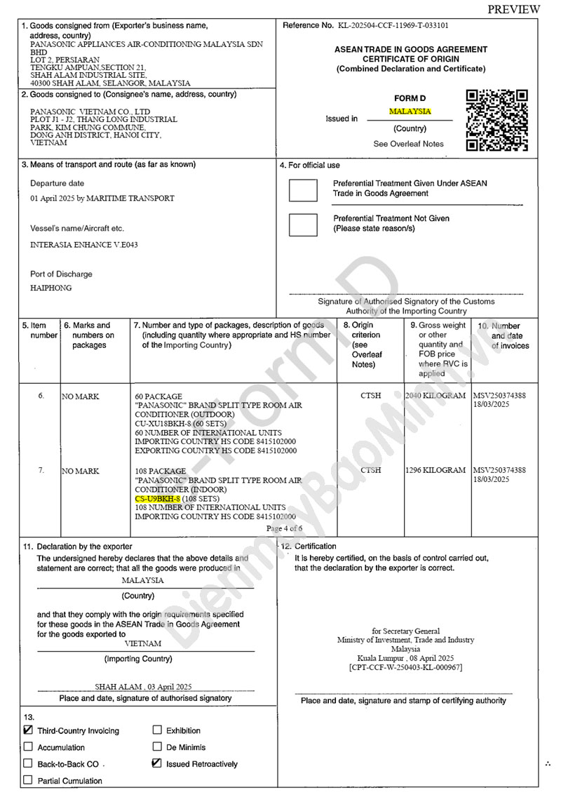 Chứng nhận xuất xứ CO điều hòa Panasonic U9BKH-8