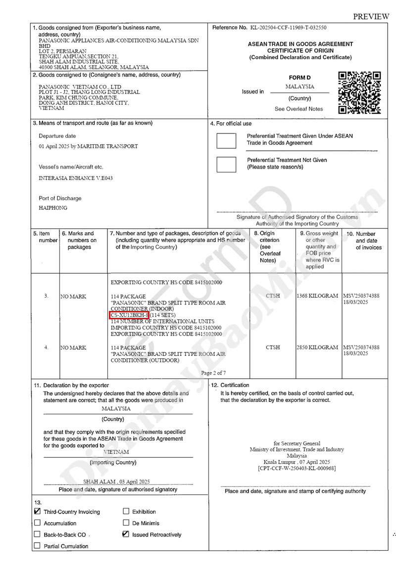 Chứng nhận xuất xuất xứ CO điều hòa Panasonic XU12BKH-8