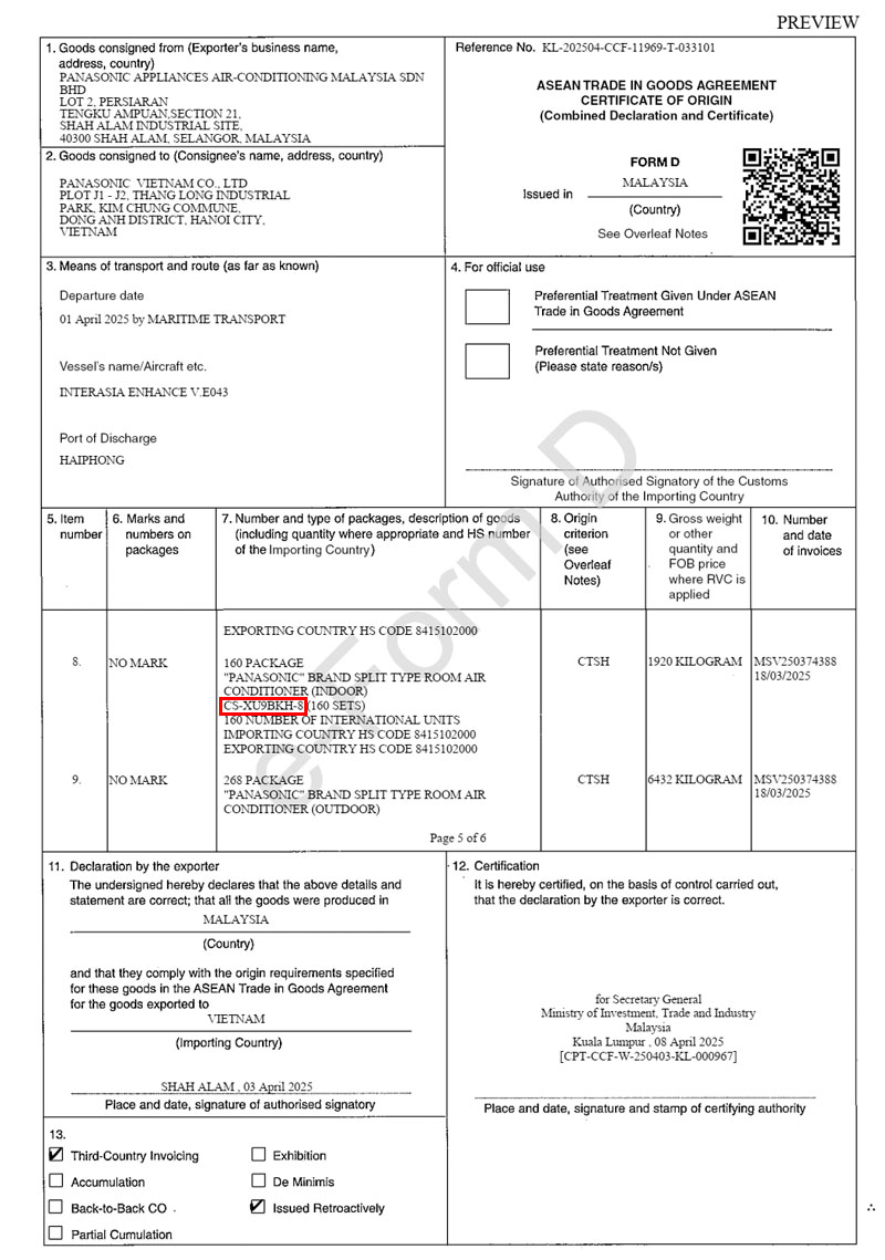 Chứng nhận xuất xứ CO điều hòa Panasonic XU9BKH-8